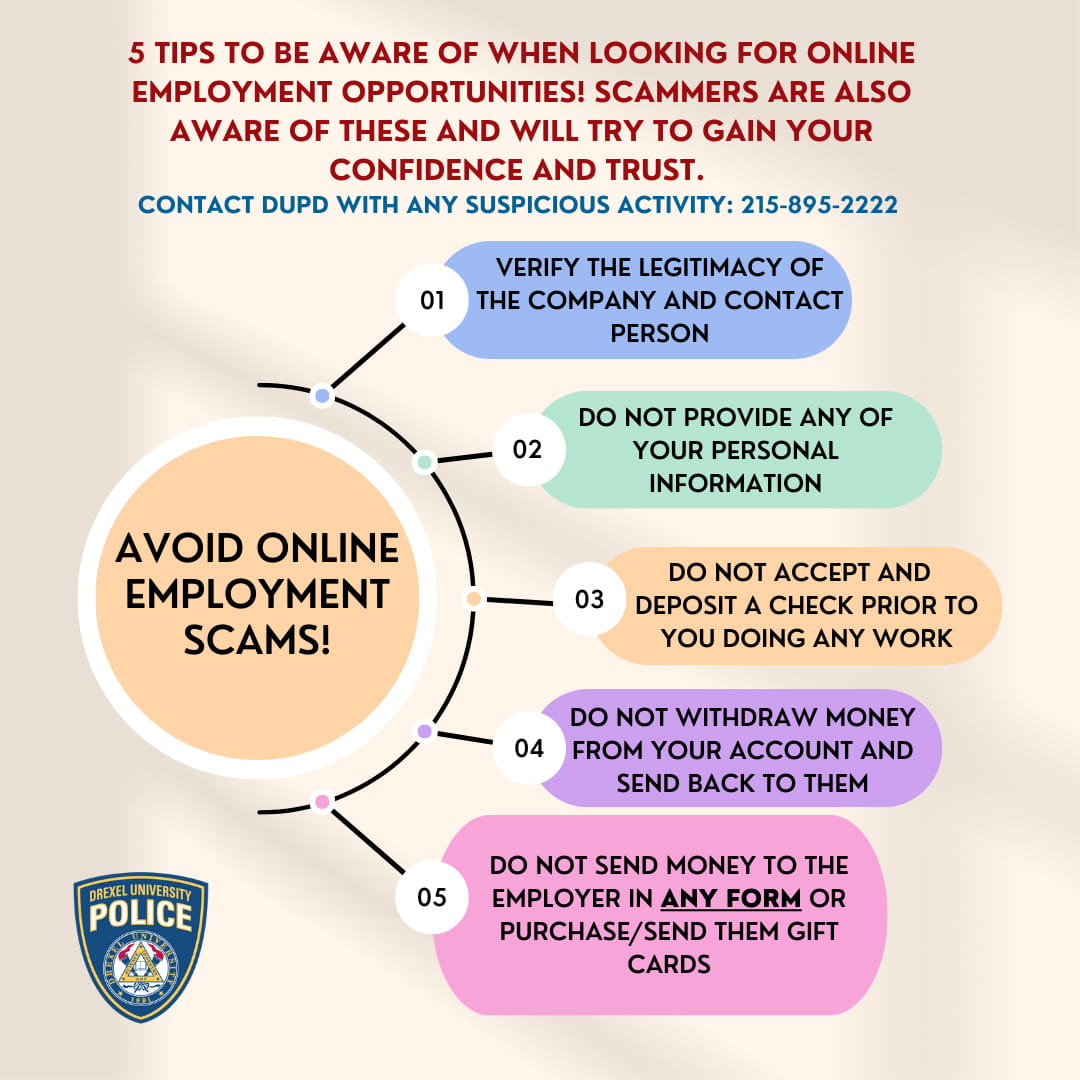 5 tips to be aware of when looking for online employment opportunities! Scammers are also aware of these and will try to gain your confidence and trust. Contact DUPD with any suspicious activity: 215-895-2222. 1. Verify the legitimacy of the company and contact person. 2. Do not provide any of your personal information. Do not accept and deposit a check prior to you doing any work. 4. Do not withdraw money from your account and send back to them. 5. Do not send money to the employer IN ANY FORM or purchase/send them gift cards. 