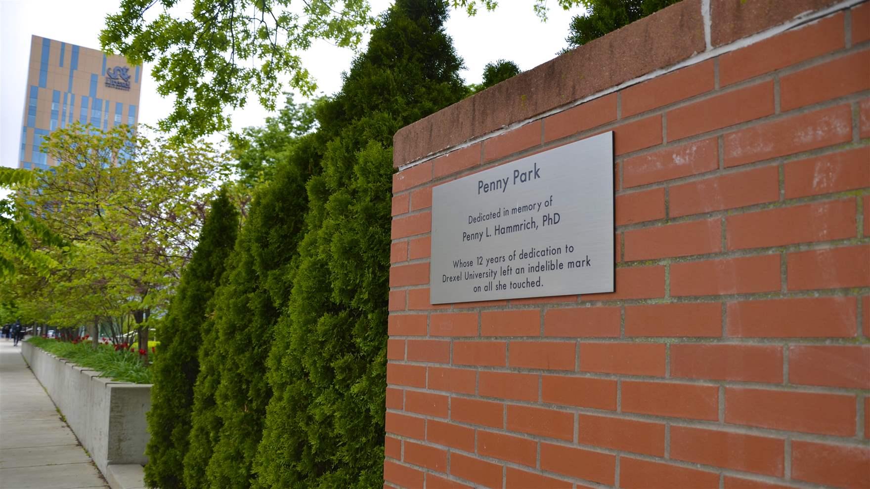 View of the newly installed plaque for Penny Park on Warren and Filbert streets. 