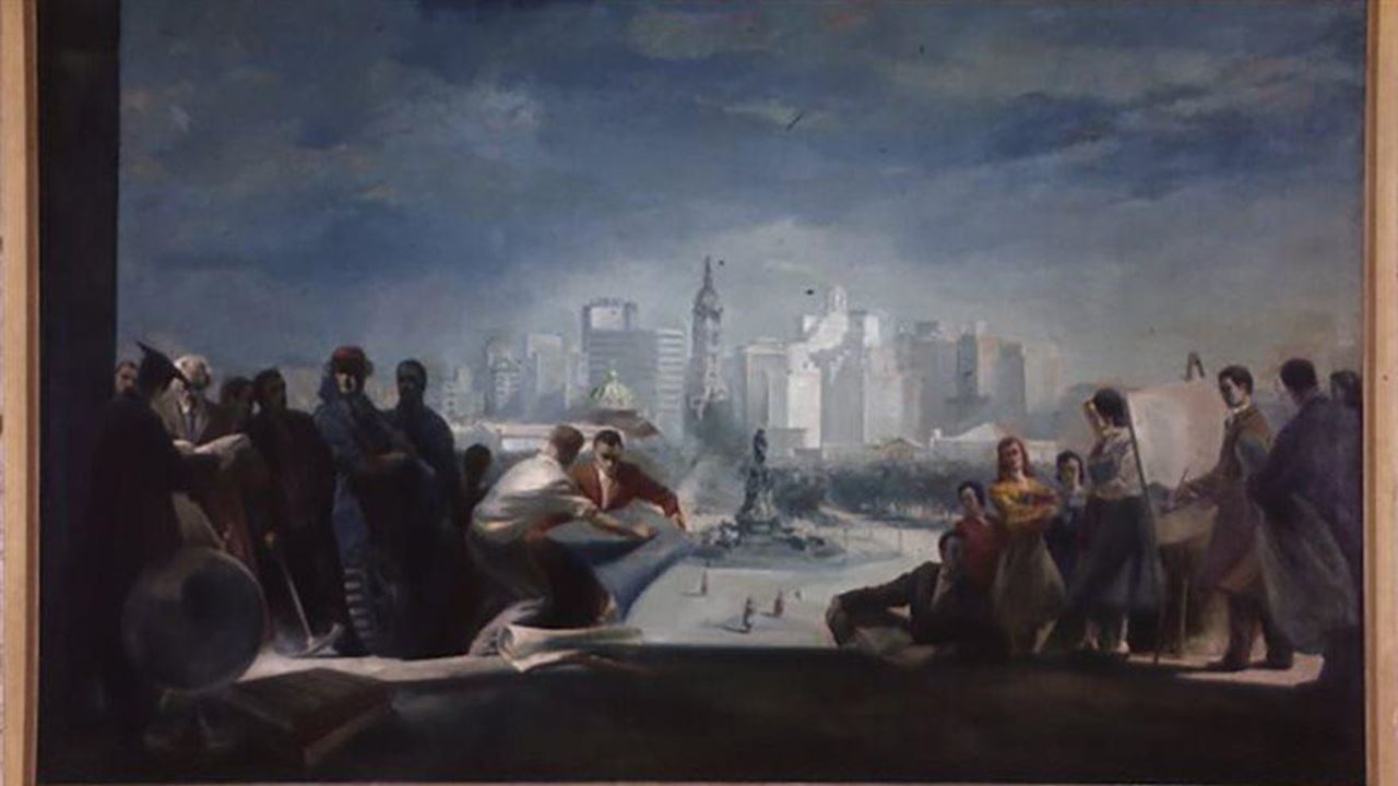 View of Philadelphia from the Philadelphia Museum of Art steps, artists in the foreground. One of Gimbel's One Percent for Art Program paintings.