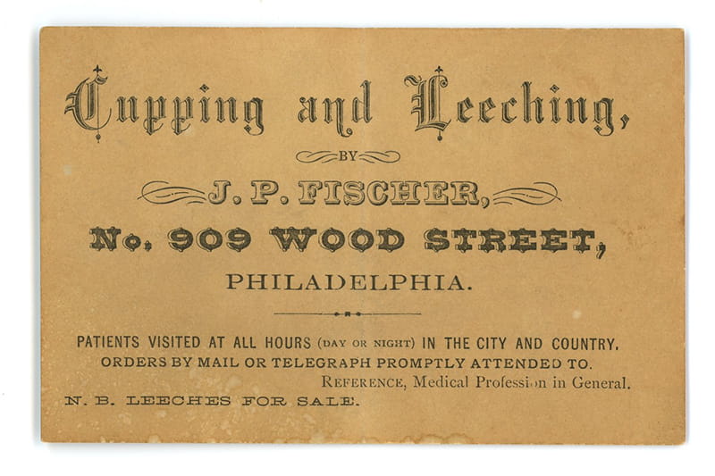 Advertisement for a doctor on tan paper//Leeches for sale.