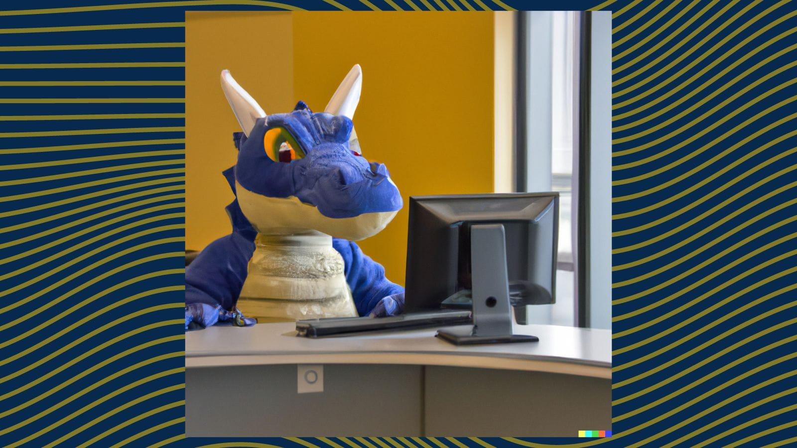 AI image created by DALL.E using the prompt &quot;Drexel University Mario the Dragon doing homework on a computer&quot;