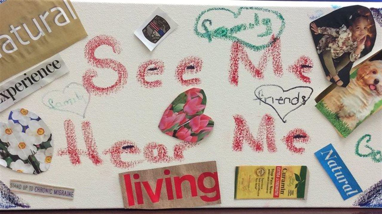 Cut out magazine images and written words as a collage on canvas