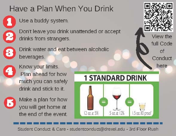 QR code in top right corner with the text "View the full Code of Conduct here" and an arrow. Text: "Have a plan when you drink. 1. Use a buddy system. 2. Don't leave your drink unattended or accept drinks from strangers. 3. Drink water and eat between alcoholic beverages. 4. Know your limits. Plan ahead for how much you can safely drink and stick to it. 5. Make a plan for how you will get home at the end of the event. Student Conduct & Care - studentconduct@drexel.edu - 3rd Floor Rush. 1 standard drink: 12 oz beer at 5% = 5 oz wine at 12% - 1.5 oz 80 proof shot." 