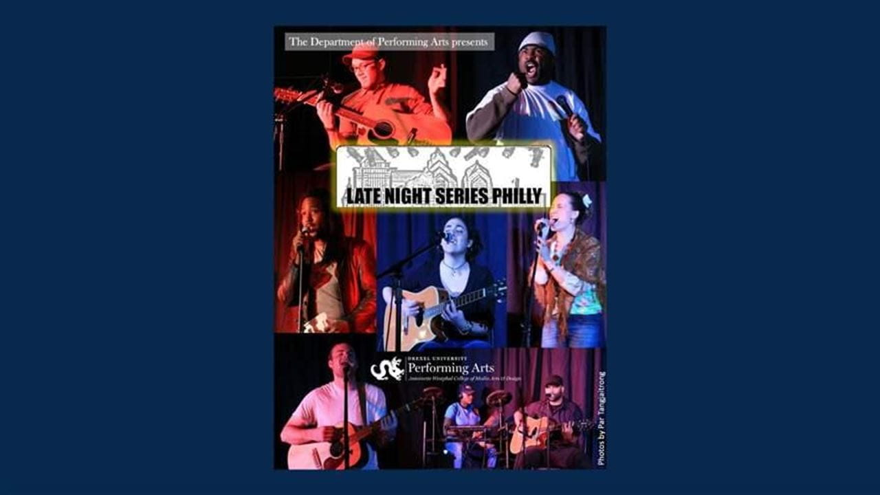 Blue background with Late Night Series performers