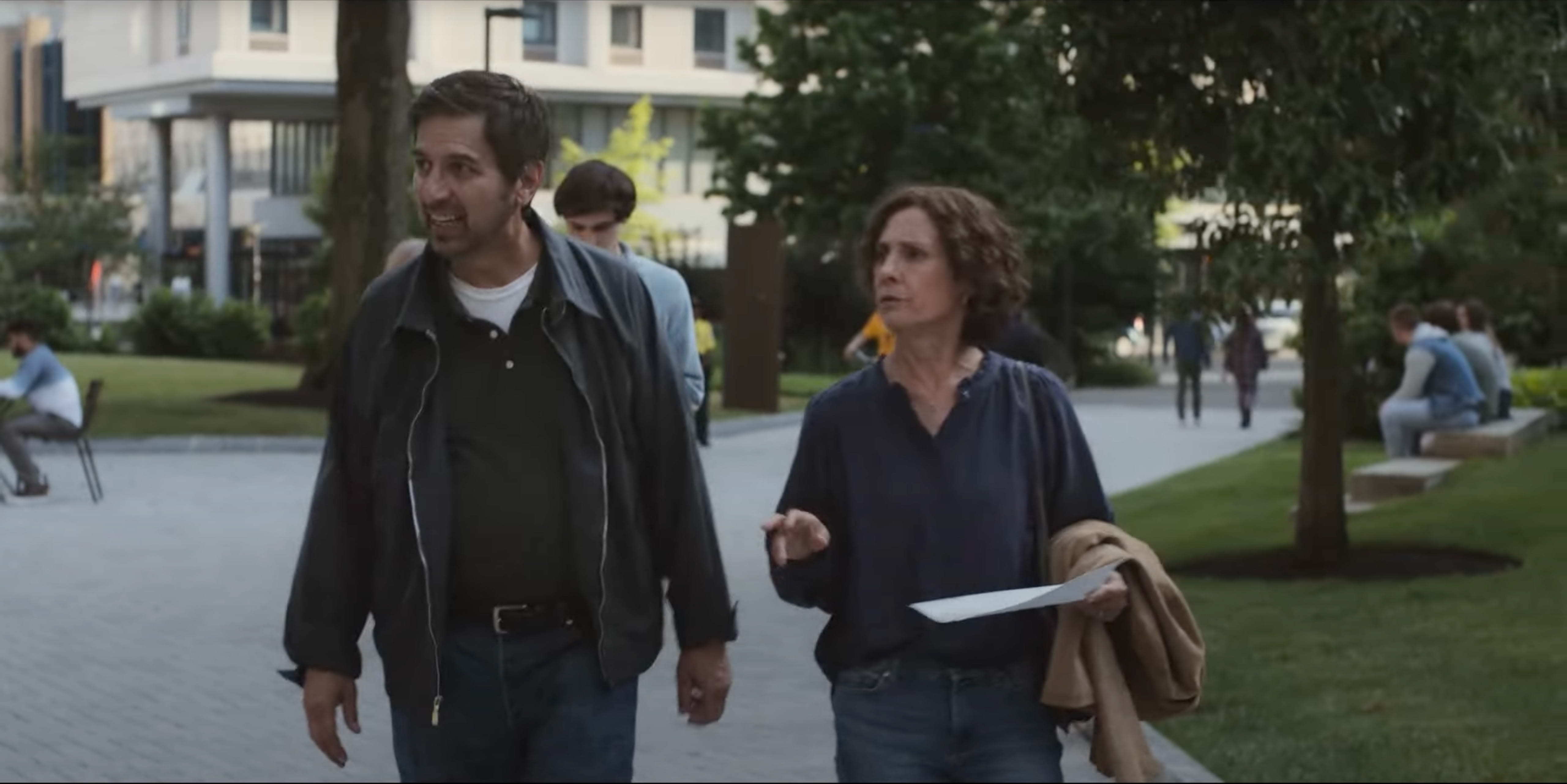 Drexel's  Korman Family Quad and Chestnut Square can be seen in the trailer alongside Ray Romano, Laurie Metcalf and Jacob Ward. Screenshot from the trailer to “Somewhere in Queens.” Directed by Ray Romano. Roadside Attractions, Lionsgate Films. 2023.