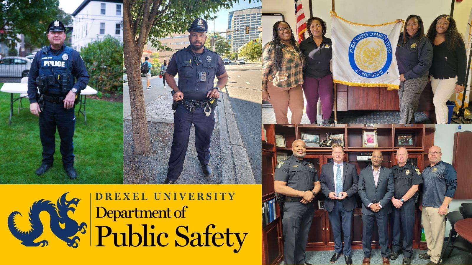 Public Safety employees new to the team since July! (Left: Police Officer Dave Monahan; Center: Police Officer Dean James; Top Right: Dispatchers Rahnasja Dyson and Samantha Howard pictured with Lead Dispatch Supervisor Stephanie Jones and Director of Communications Caneshia Bailey; Bottom Right: Police Officer James Smith and Michael Haywood pictured with Chief Singleton, Captain Hall, and Sgt. Freeman
