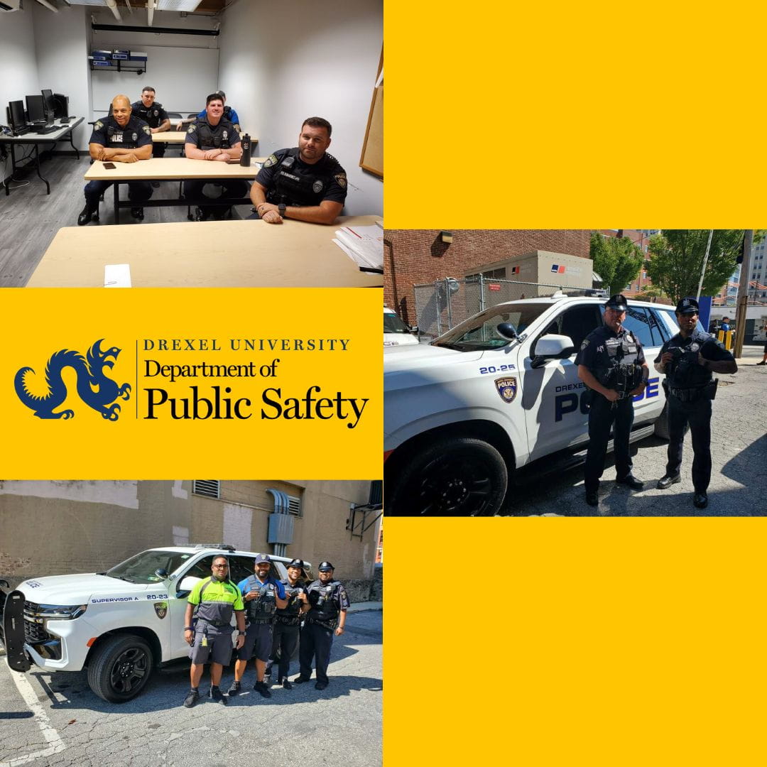 An image of officers sitting in a room, an image of officers standing outside of a police car, and a group of officers and individuals standing in front of a police car. Logo for Drexel University Department of Public Safety.