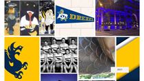 Photo collage of Drexel&#39;s Dragon statue, Dragon mascot and new and old pictures of its Main Building.
