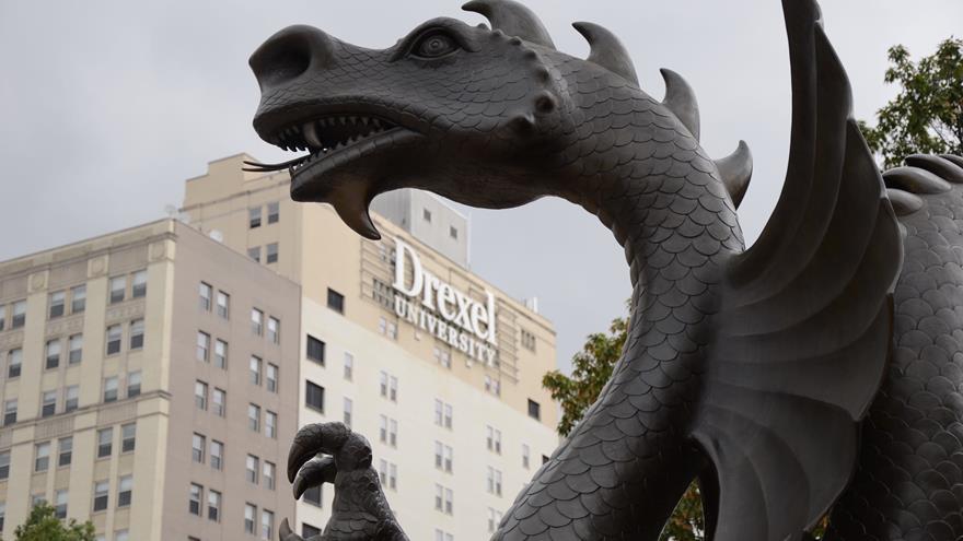 Dragon statue with Drexel building in background