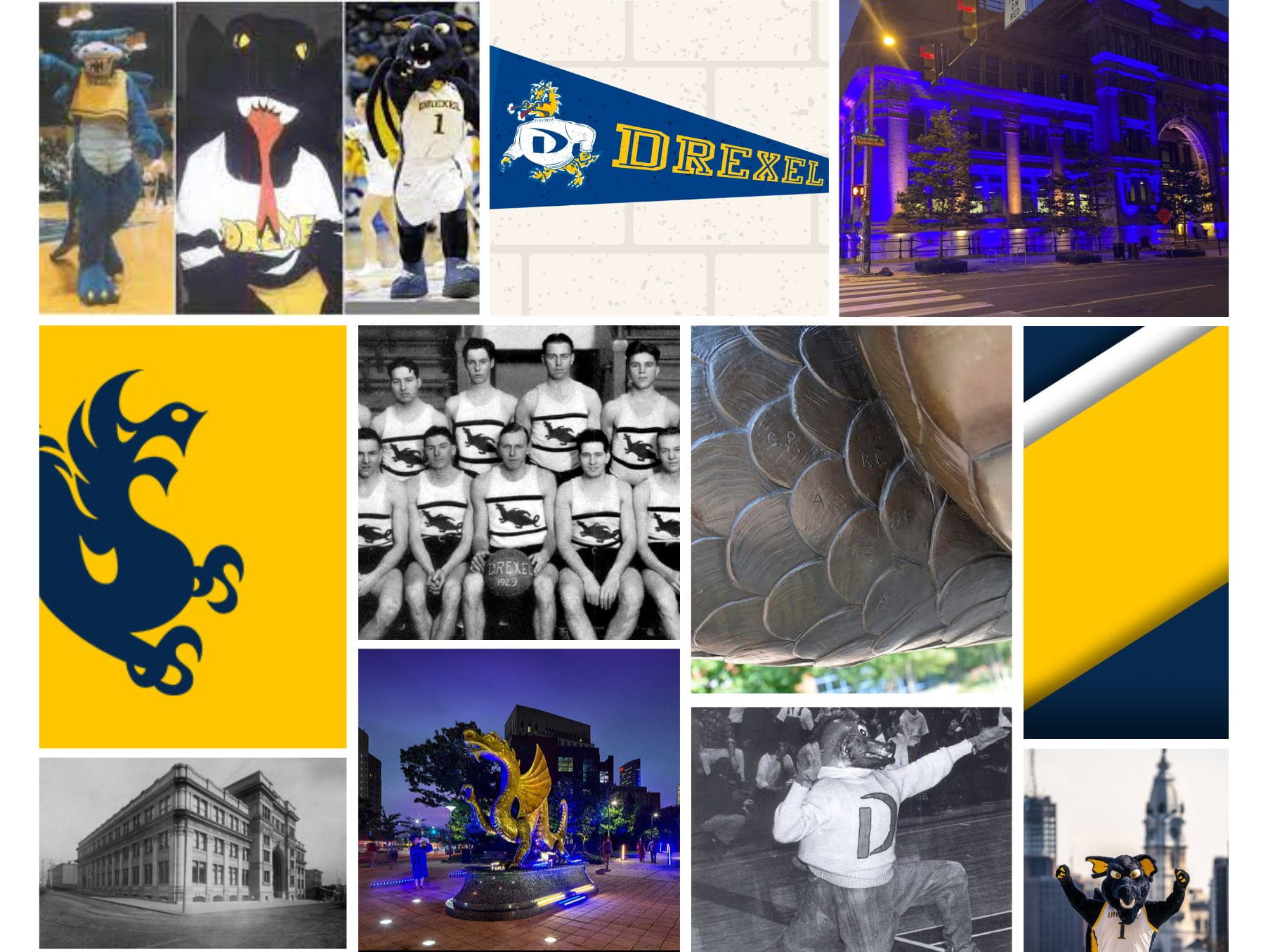 Photo collage of Drexel's Dragon statue, Dragon mascot and new and old pictures of its Main Building.