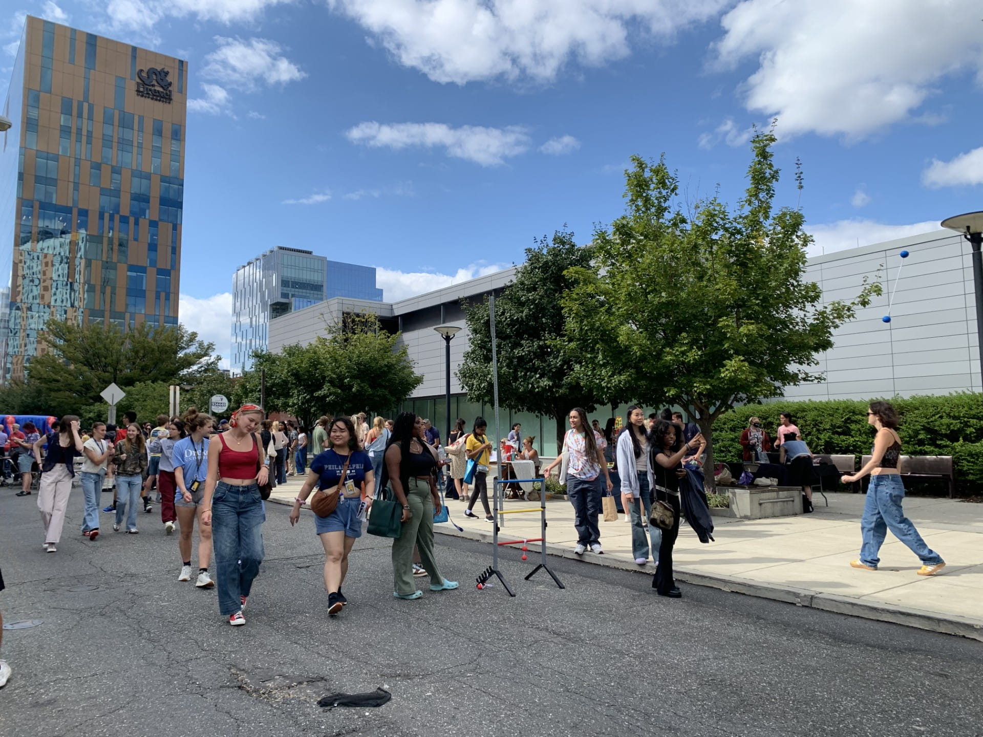 Students walk along Filbert Street during the Westphal Block Party.
