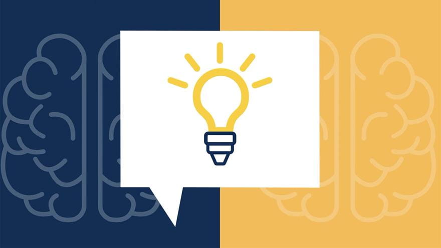 2 illustrated brains on blue and yellow background with a light bulb highlighted in a speech bubble