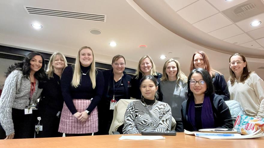 The Drexel and Salus colleagues who met on Salus’ campus in November 2023 to discuss future opportunities for collaboration. Seated are Drexel graduate student Khue Dao, left, and Professor June He. Standing from left to right are PCO faculty members: Associate Dean of Optometric Special Programs and associate professor Bisant Labib, OD; Associate Dean of Optometric Clinical Affairs and associate professor Maria Parisi, OD; Assistant Professor Elizabeth Marunde, OD; Associate Professor Erin Jenewein, OD; Dean Melissa Trego, OD, PhD; Associate Professor Erin Kenny, OD; Assistant Professor Dawn Ciccarone and Associate Professor Erin Draper, OD. Photo provided by June He.