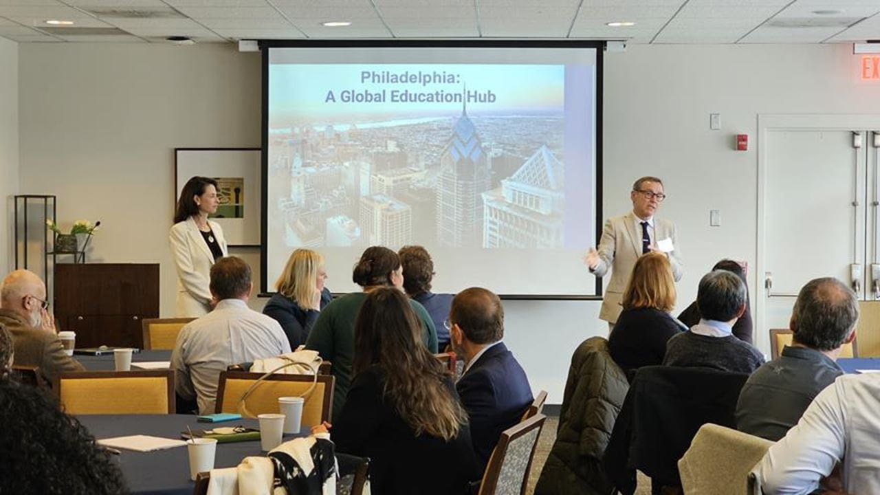 The meeting was led by Drexel University’s Vice Provost of Global Engagement Rogelio Miñana, PhD, photographed standing on right at the event, and Vice Provost of Global Engagement at Temple University Emilia Zankina, PhD, standing on left.