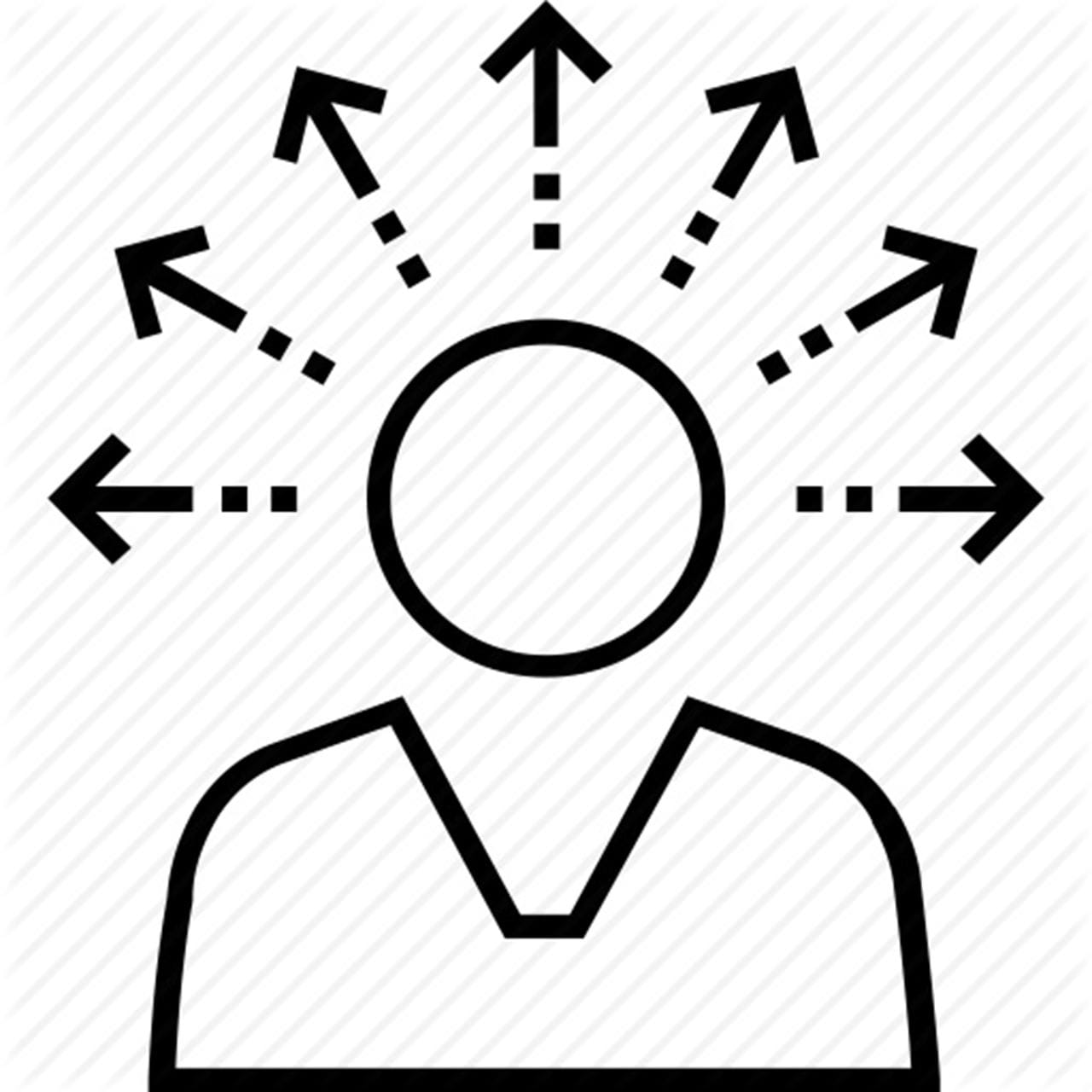 Graphic of a cartoon person with arrows coming out of their head in every direction.