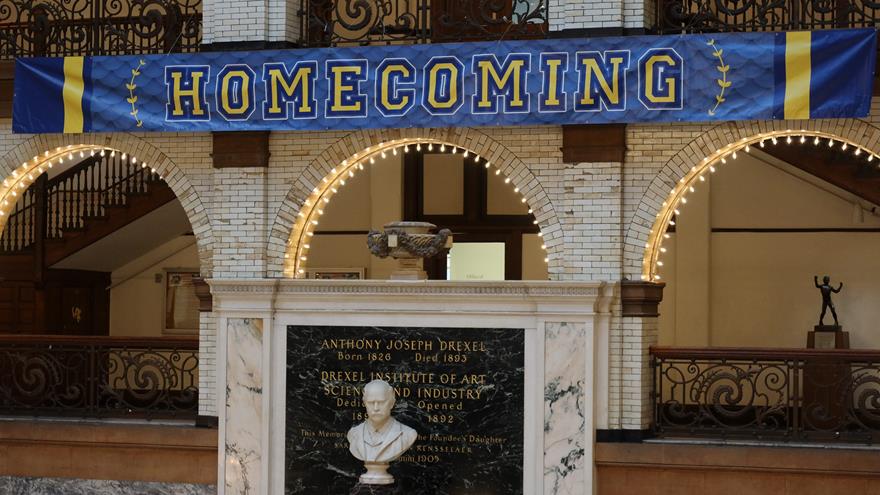 Homecoming banner in Drexel Main Building