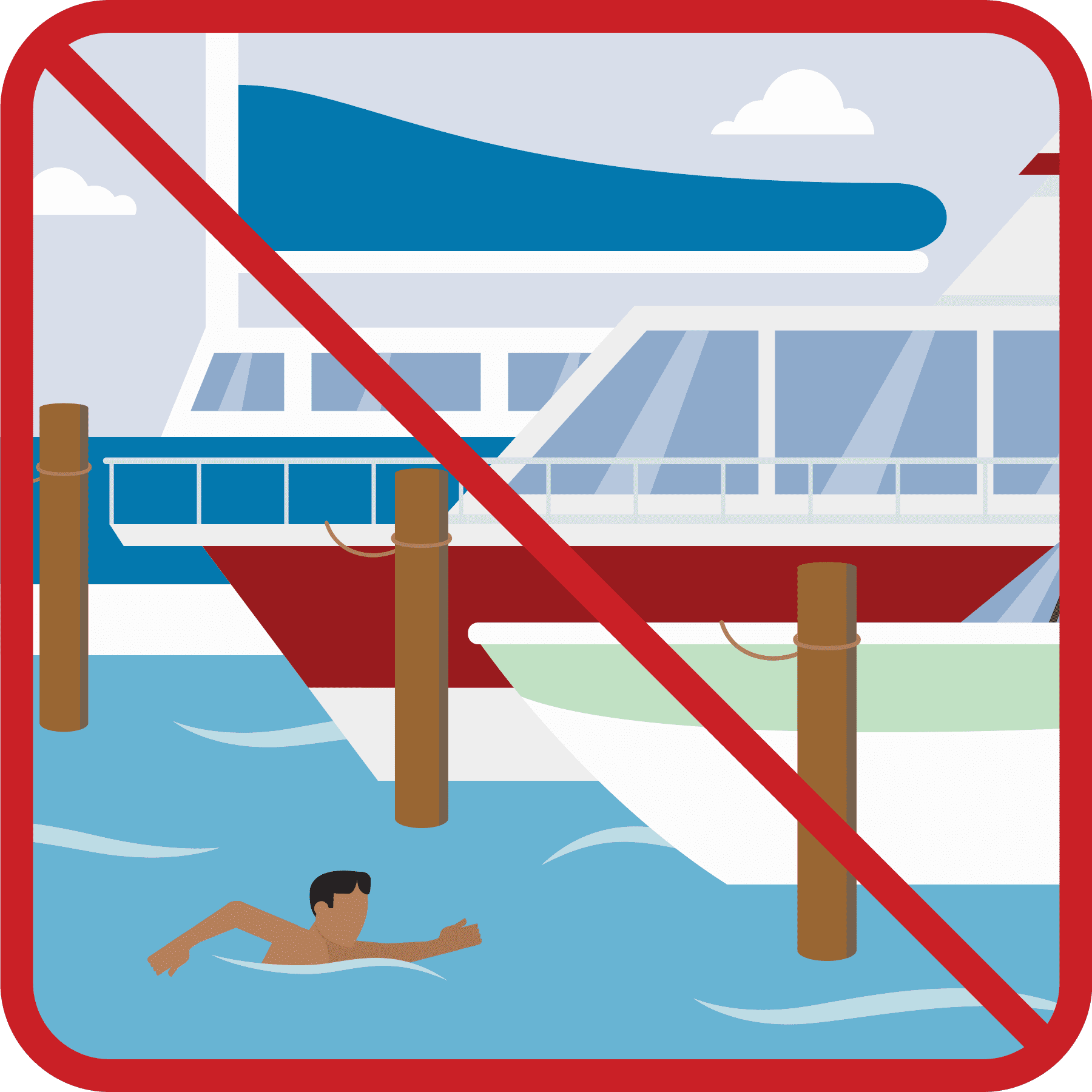 Graphic showing person swimming near a boat with an X over the image