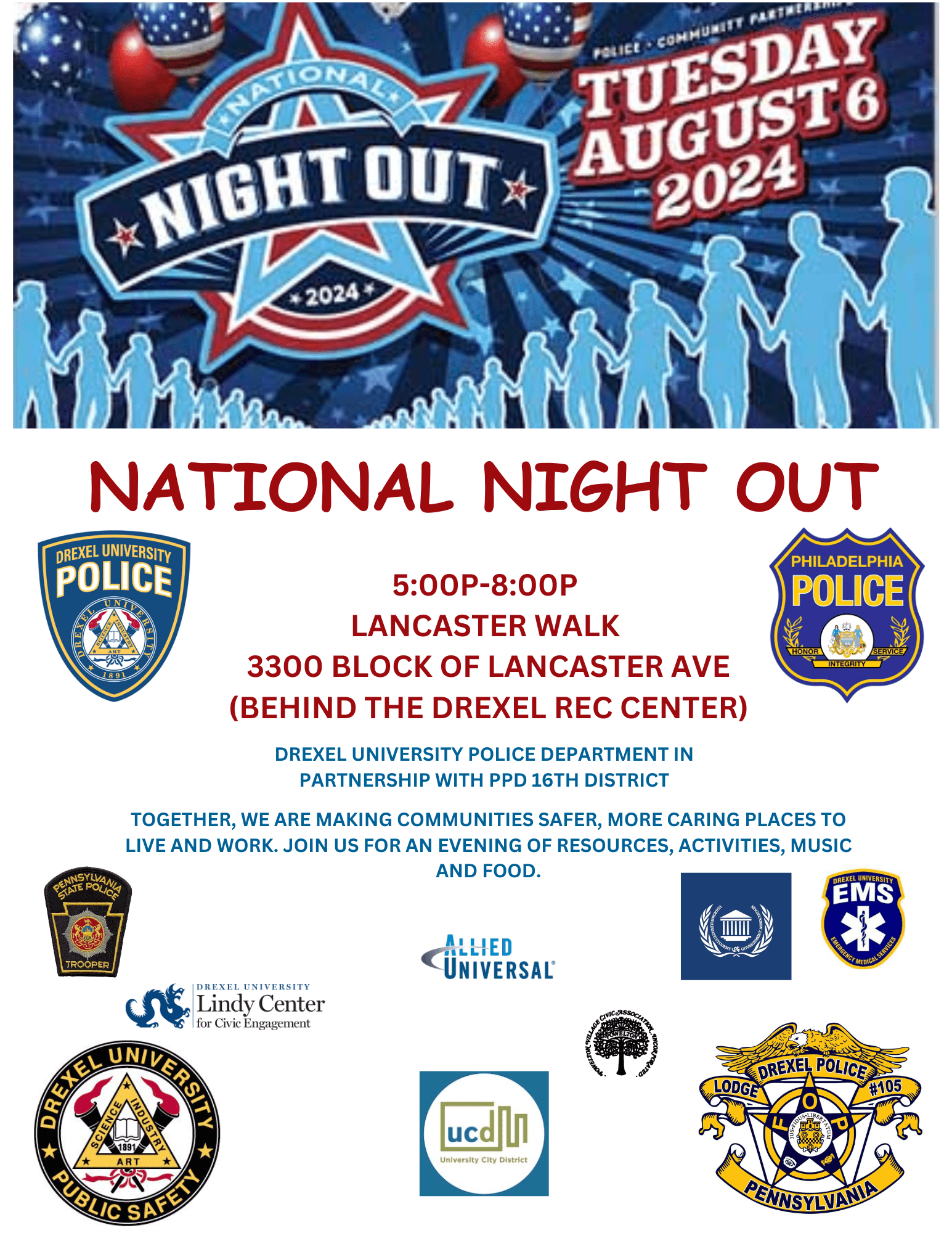 Flyer for National Night Out on Aug. 6 from 5-8 pm on Lancaster Walk