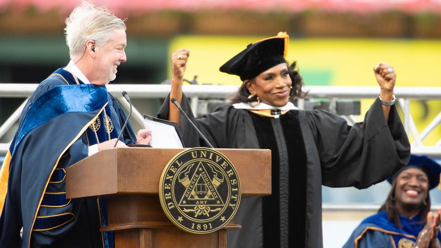 Drexel President John Fry and Sheryl Lee Ralph on stage at Drexel&#39;s 2024 Commencement.