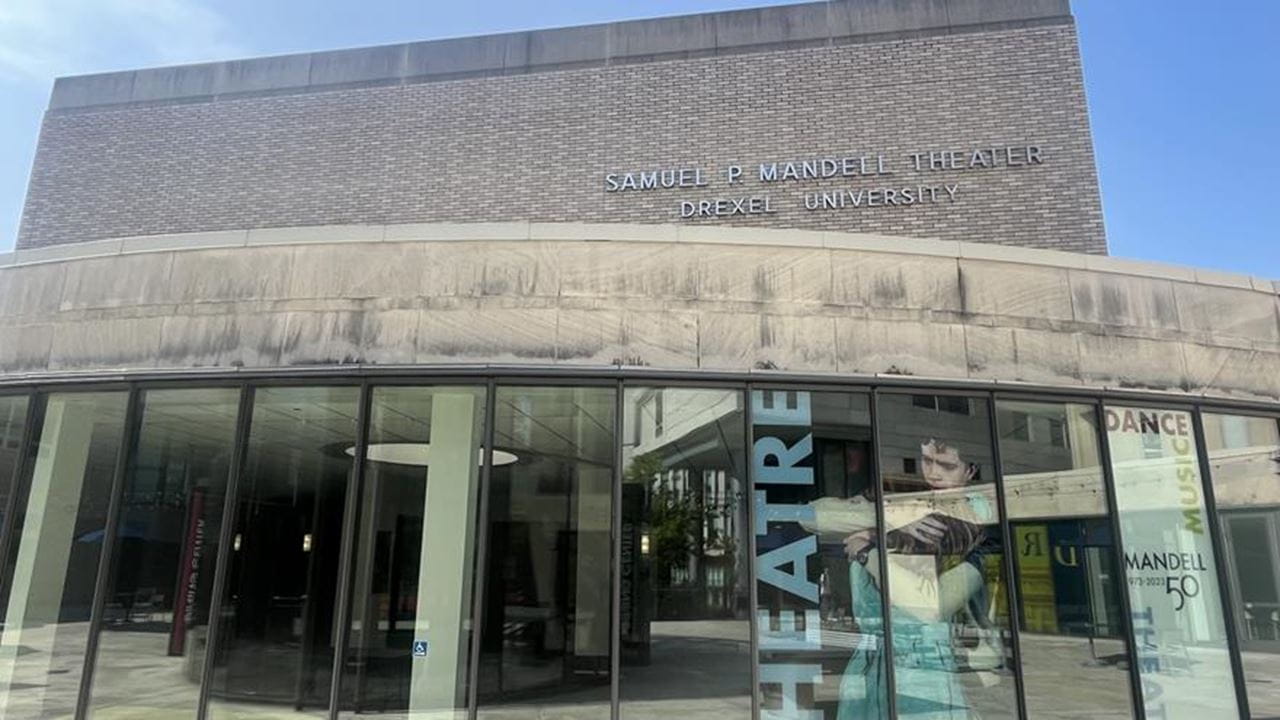 A shot of the exterior of the Mandell Theater in 2024.