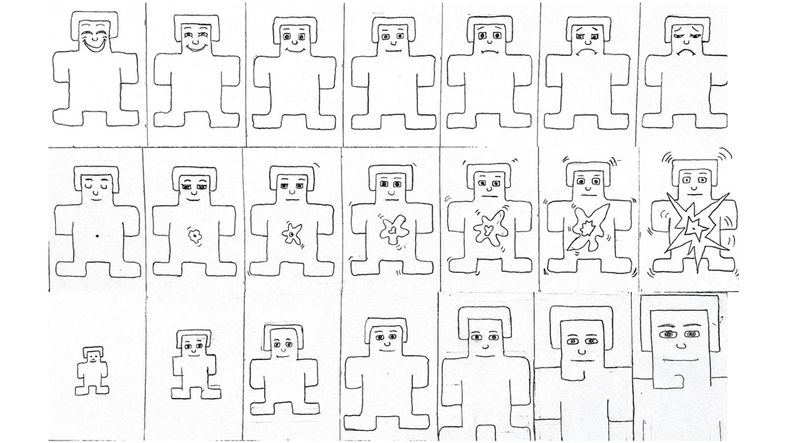 Three rows of an image of a man to represent the scale of positive and negative feelings, arousal and personal relevance.