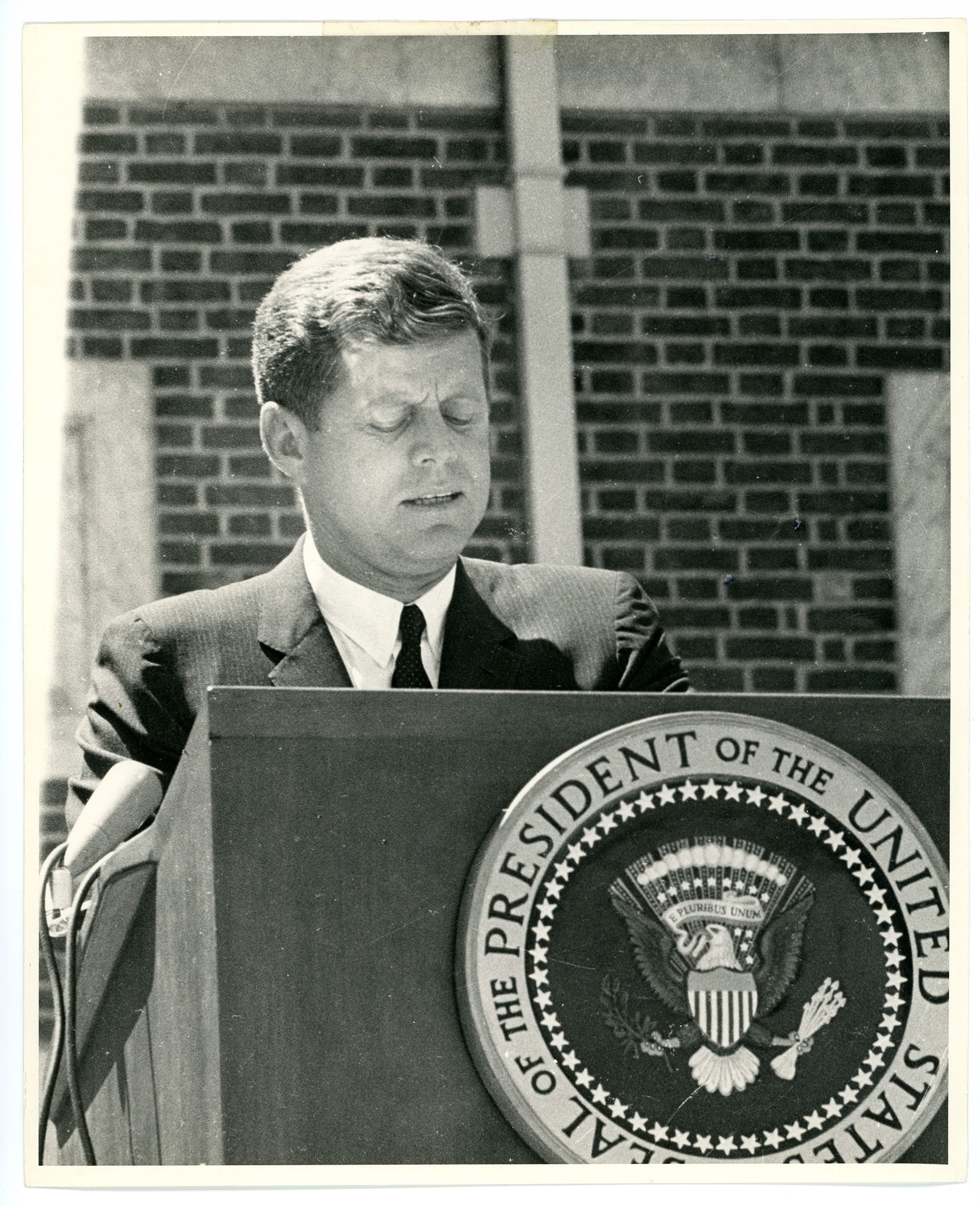 U.S. President John F. Kennedy is shown in this photograph while giving a speech during the Fourth of July ceremonies outside of Independence Hall on July 4, 1962.