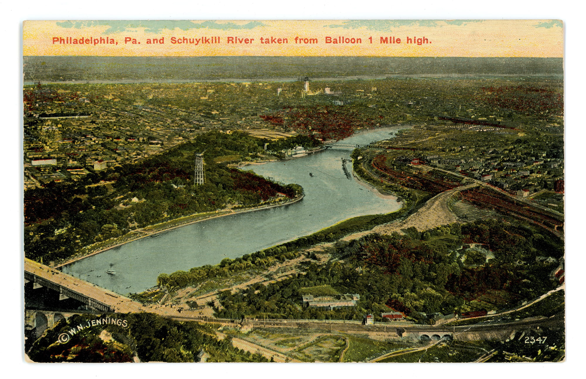 1893 photograph of Philadelphia and the Schuylkill River, including the Route 1 bridge in the lower left, was taken from a balloon one mile high. 