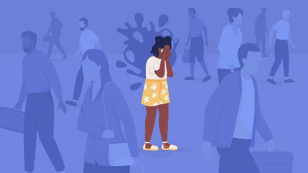 Animation of a Black women standing with her head in her hands in the middle of various people