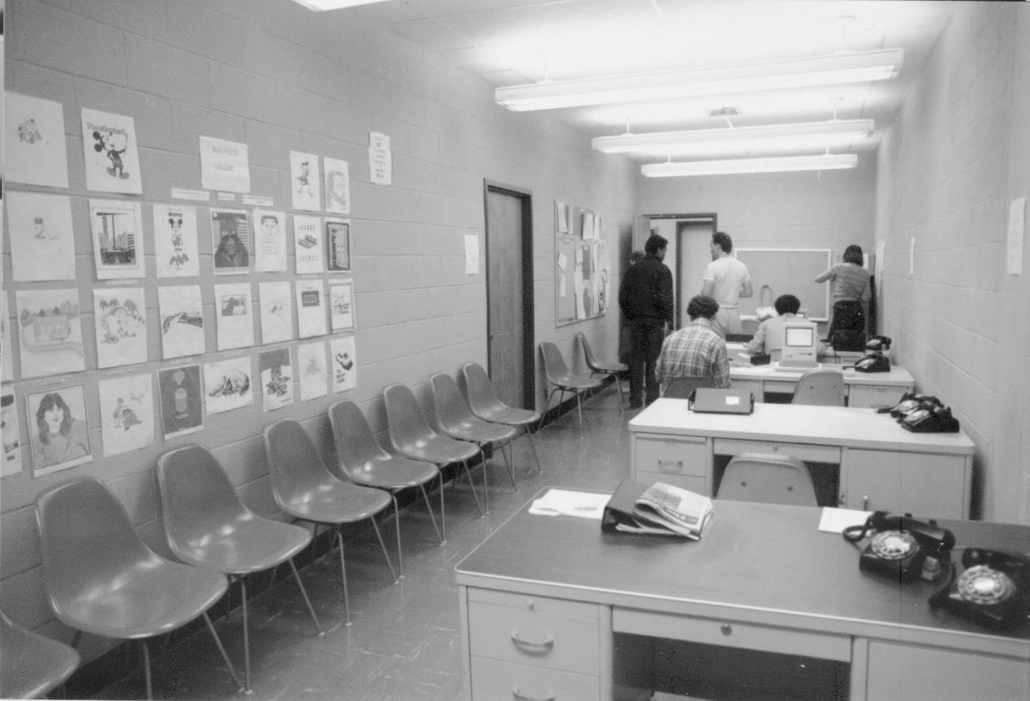 A wall on Drexel’s campus displaying art made in MacPaint, as photographed in 1984. Photo courtesy Drexel University Archives.
