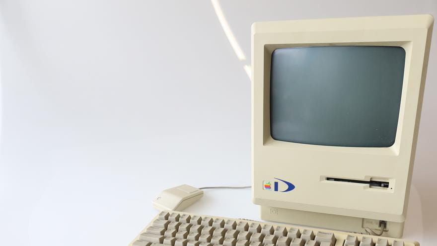 The 1984 Drexel Macintosh 128K — complete with a blue “D” for Drexel — that was distributed to Drexel University students in 1984. This model, photographed in 2024, is housed in Drexel’s Department of Digital Media in the Antoinette Westphal College of Media Arts &amp; Design.