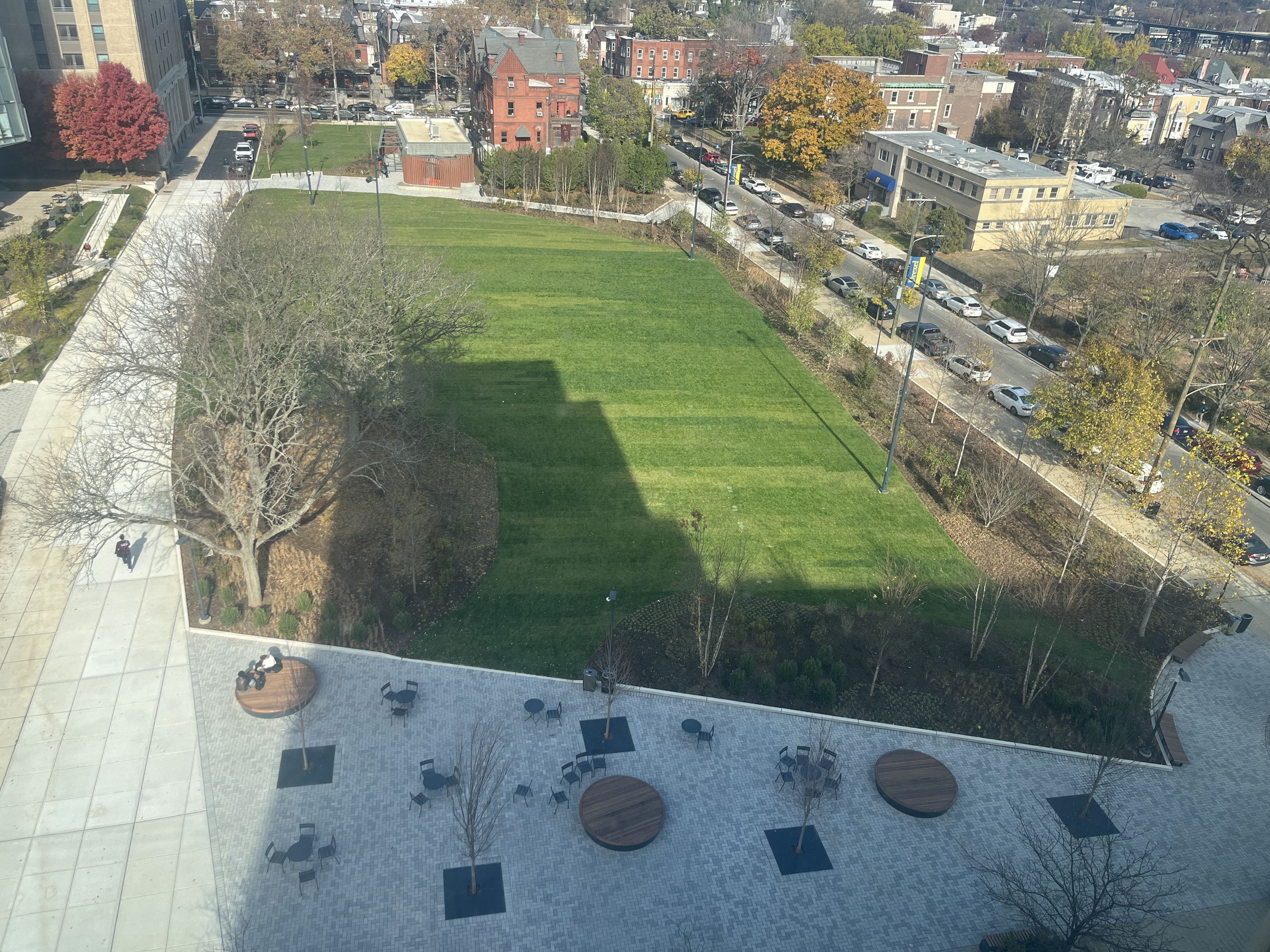 The view from the Race Street Residences showing the entirety of the new greenspace built on the site for the former Myers Hall.