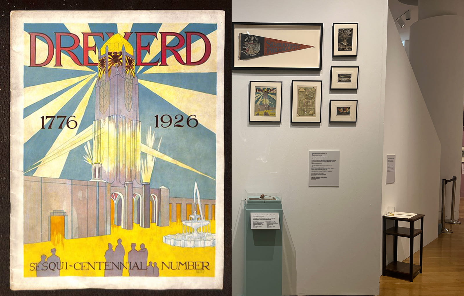 A close-up view of the cover from where it is hung on the wall with other Sesquicentennial items. 