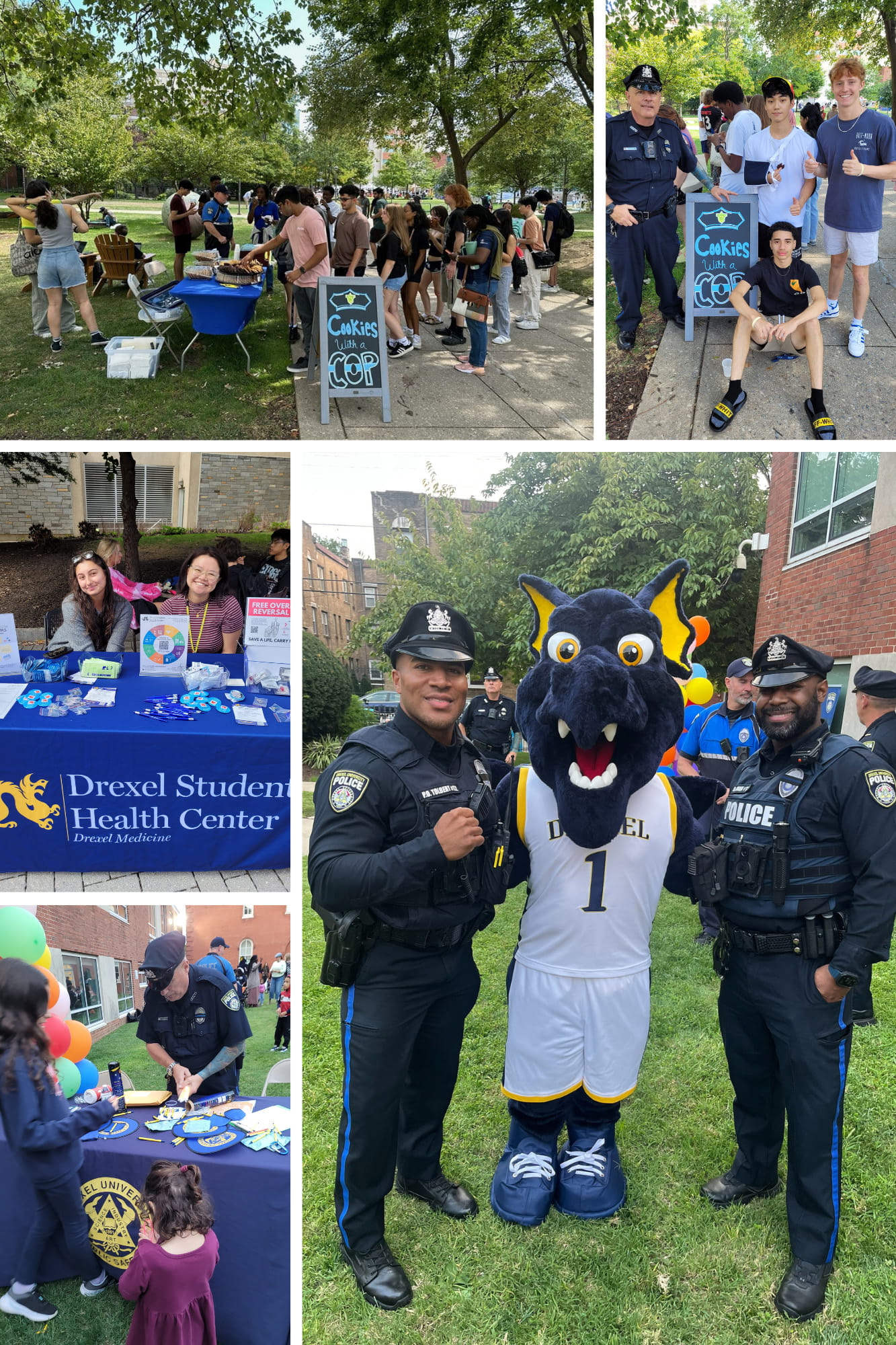 A collage of fall events on campus featuring Drexel Public Safety.