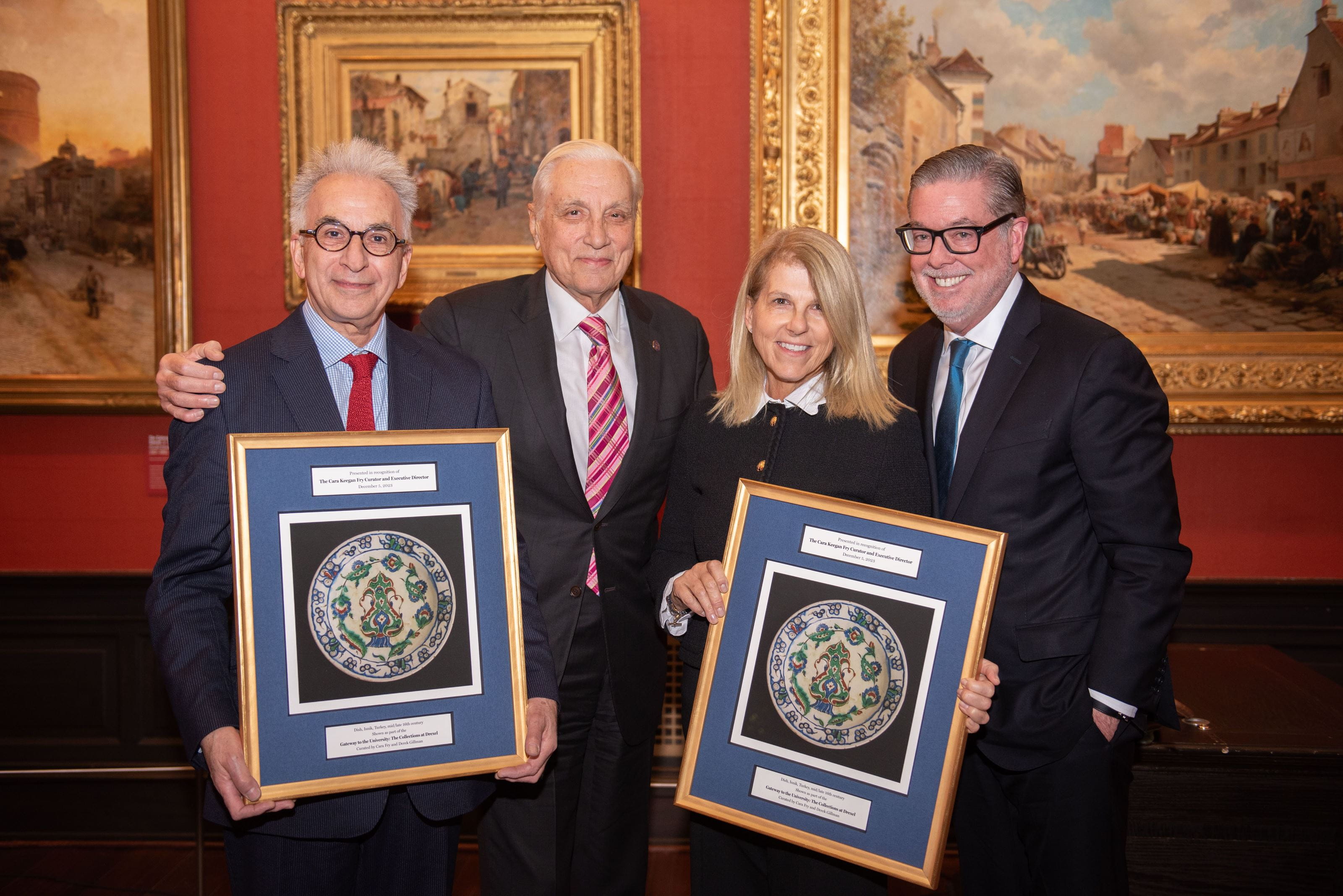 From left to right: Cara Keegan Fry University Curator Derek Gillman, Board of Trustees Chair Richard Greenawalt, Cara Fry and John Fry at the December 2023 ceremony for the new named position. Photo credit: Shira Yudkoff.