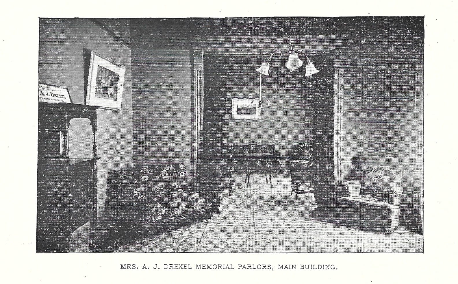 An undated scanned photograph of the Mrs. A.J. Drexel Memorial Parlors — note the sign on the left ¬ in the Childs-Drexel Home for Union Printers. Photo courtesy of Union Printers Home at Printers Hill.