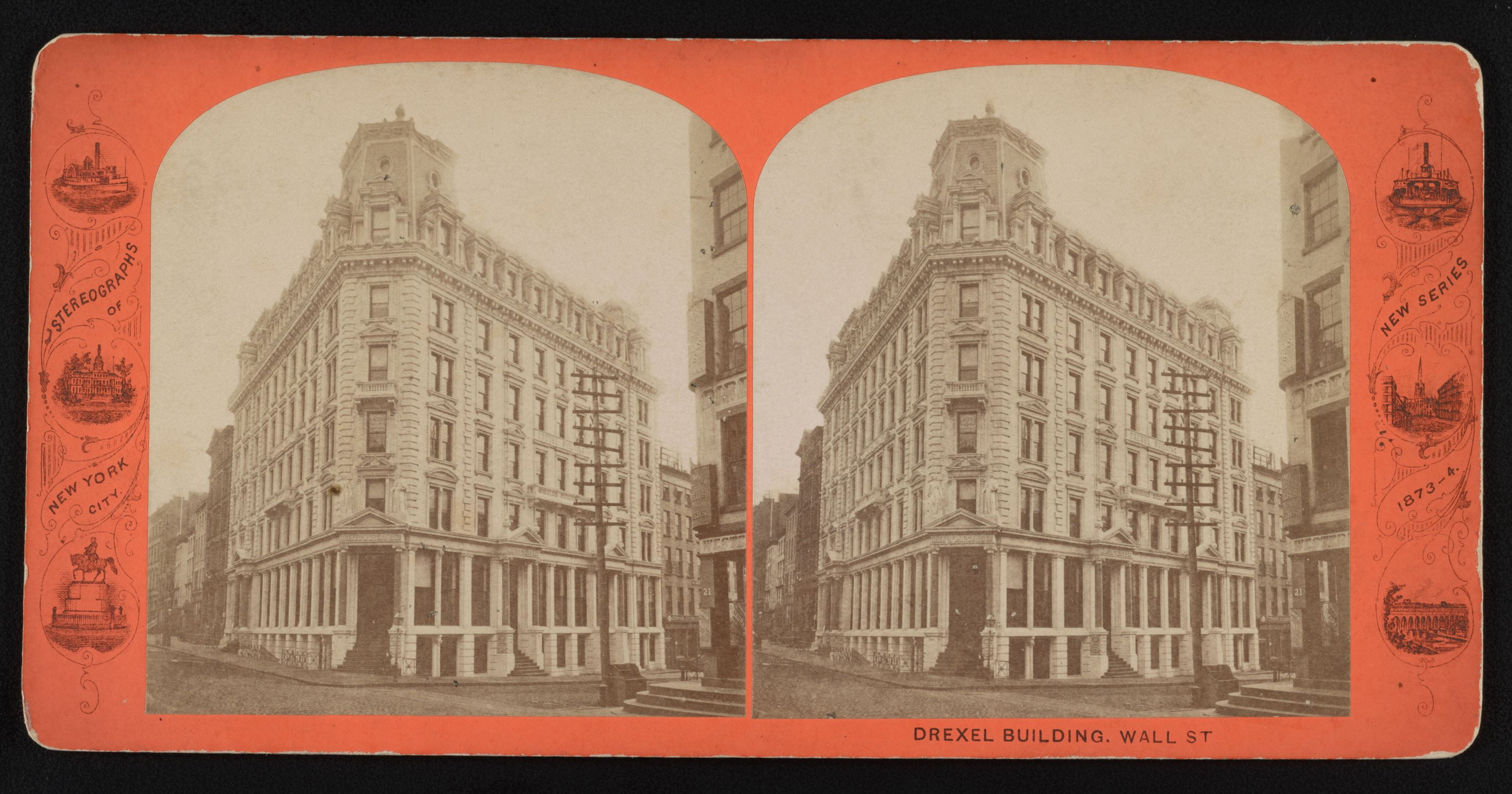 A late 19th century stereograph card showing the Drexel Building on Wall Street. Photo courtesy the Library of Congress.