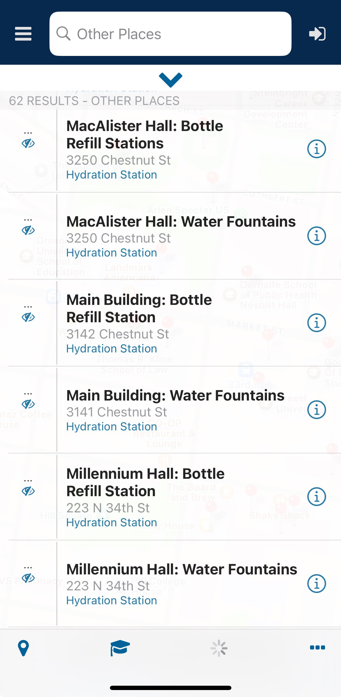 A screenshot of the hydration station map located on the DrexelOne app.