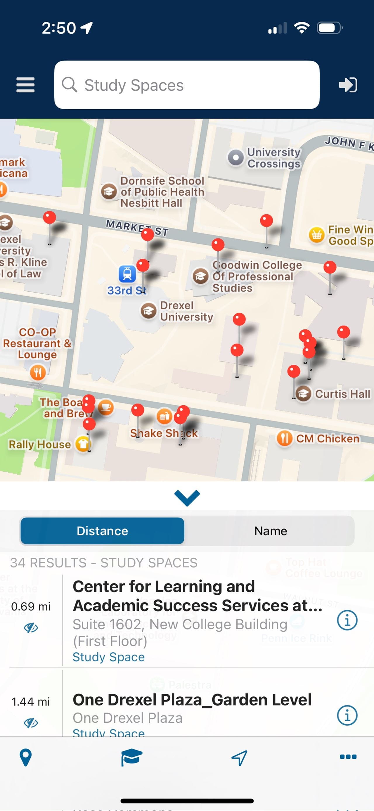 Screenshot of DrexelOne study spaces