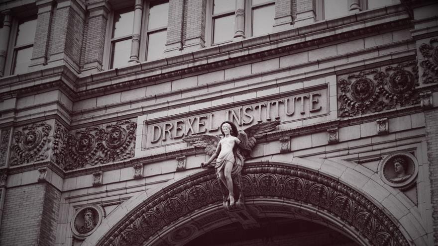 Drexel Institute on a building with a sculpture of an angel.