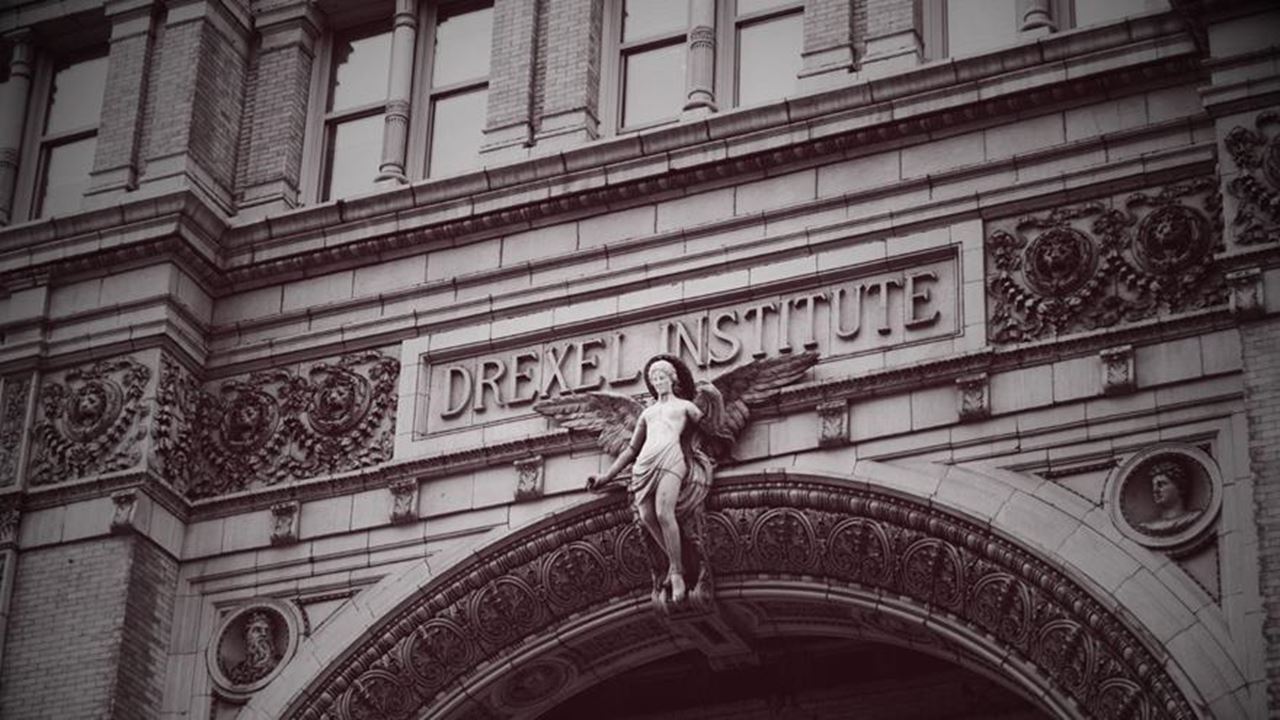 Drexel Institute on a building with a sculpture of an angel.