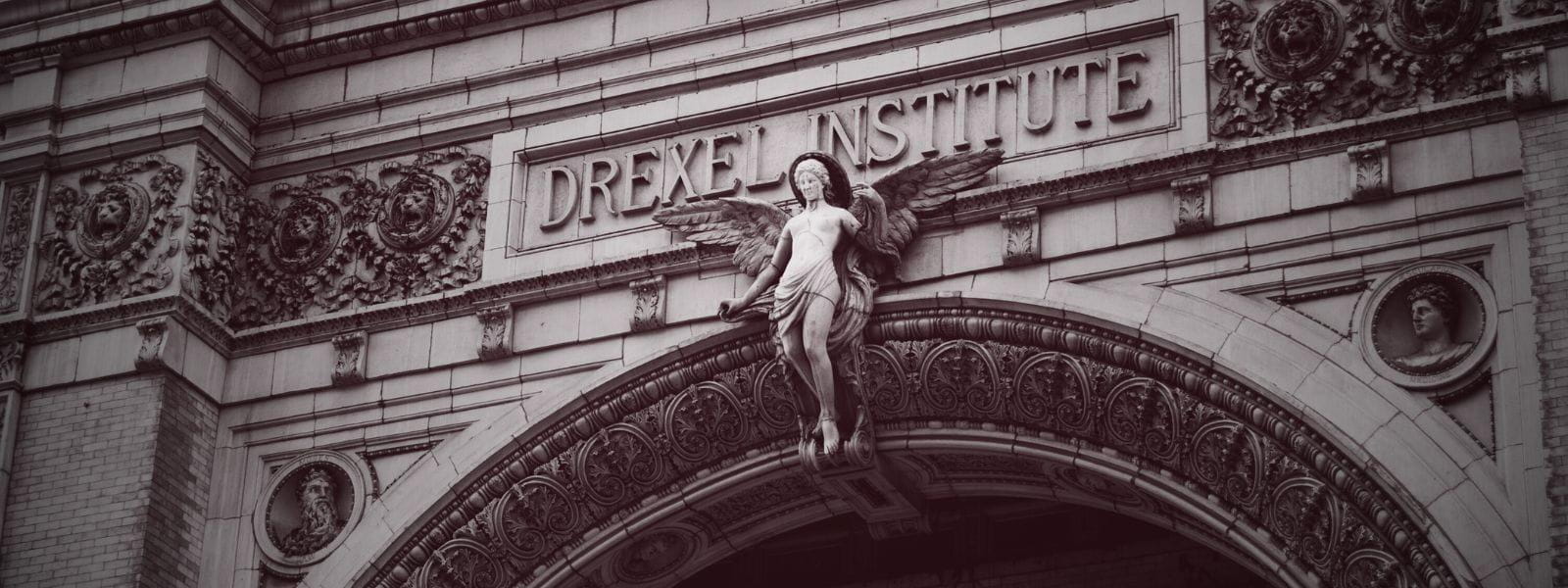Drexel Institute on a building with a sculpture of an angel.