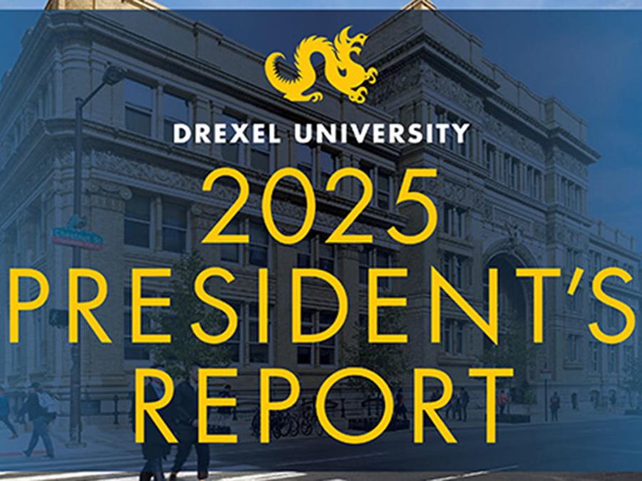 Exterior of Main Building with words 2025 Drexel University President's Report