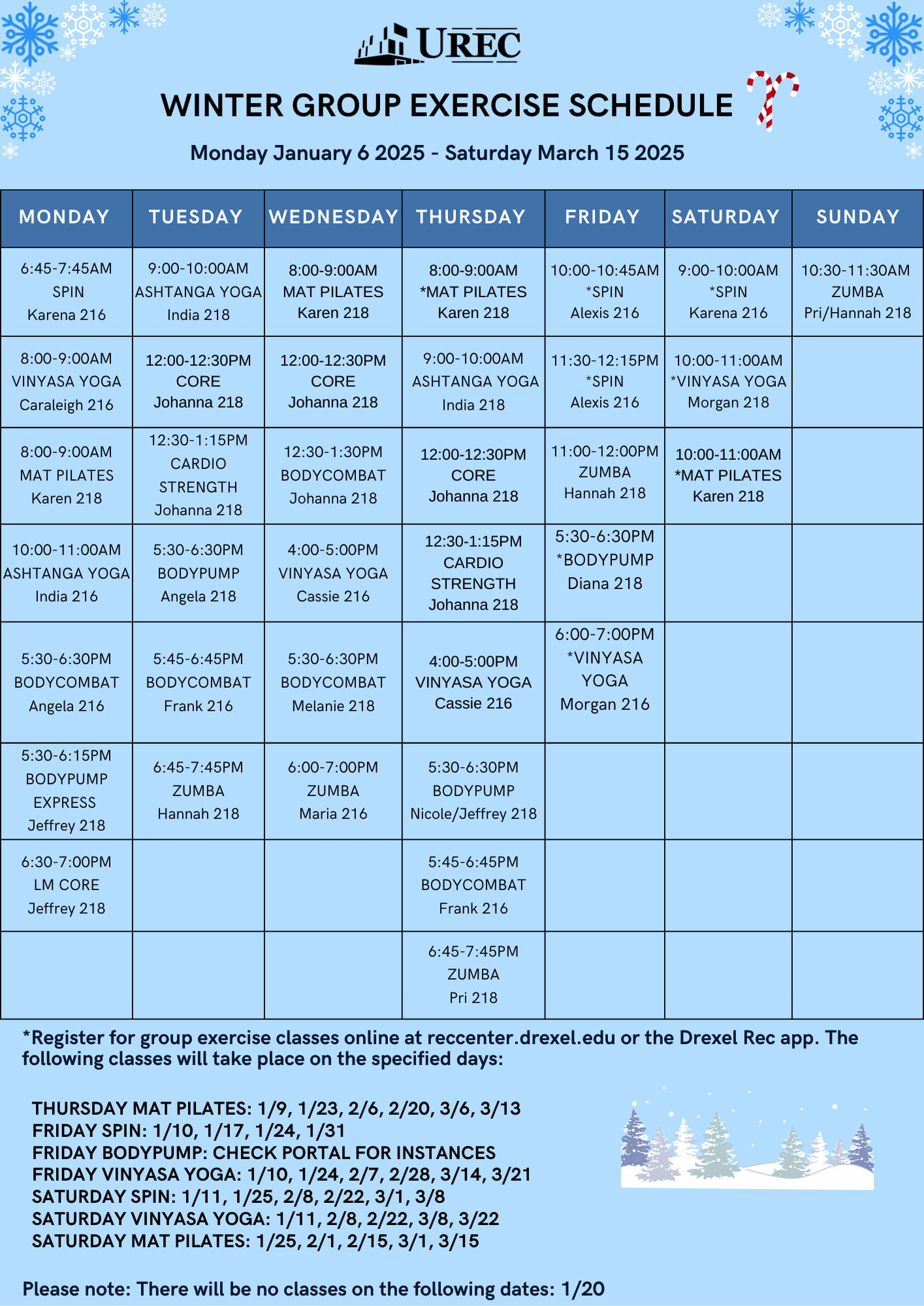 Winter classes schedule for UREC
