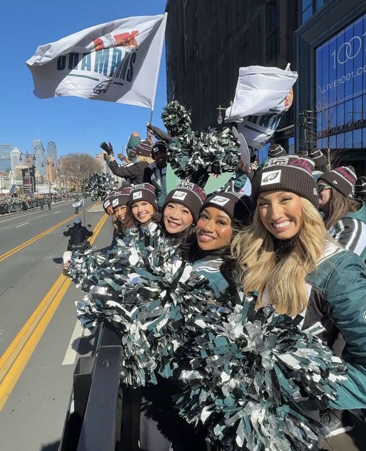 Erin Nipps, right, with fellow Eagles cheerleaders during the Eagles Parade on Feb. 14. Photo courtesy Erin Nipps.