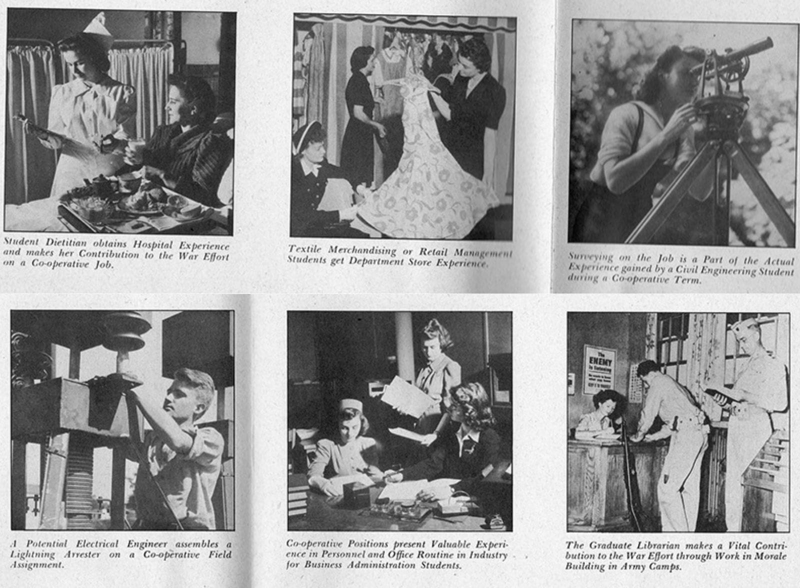 Six black-and-white archival photographs showing different students on co-op at desks, construction sites and tables. 