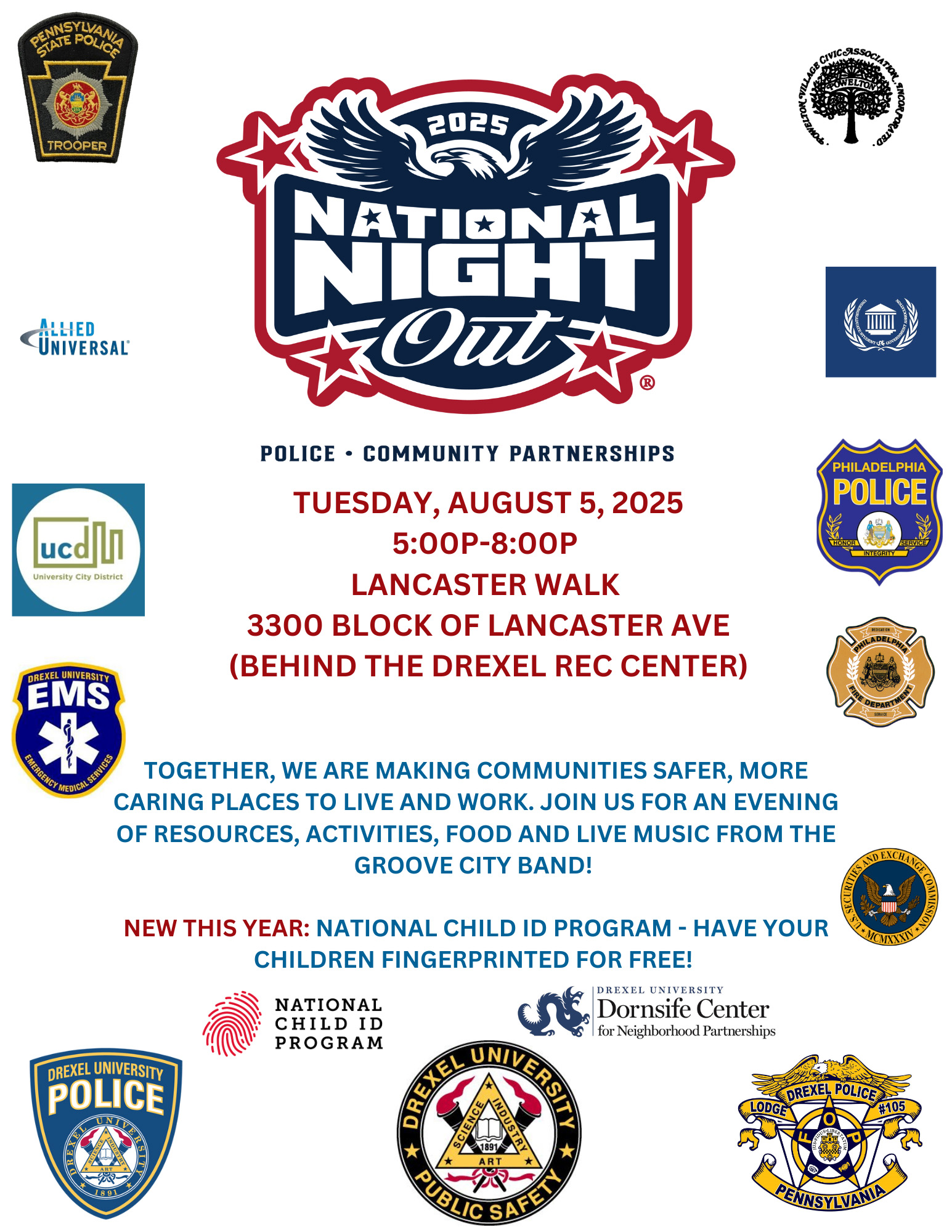 A flyer advertising National Night Out on Aug. 5 along Lancaster Walk