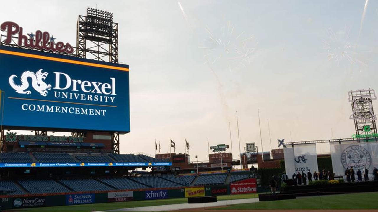 Fireworks over the Philadelphia skyline from Citizens Bank Park.