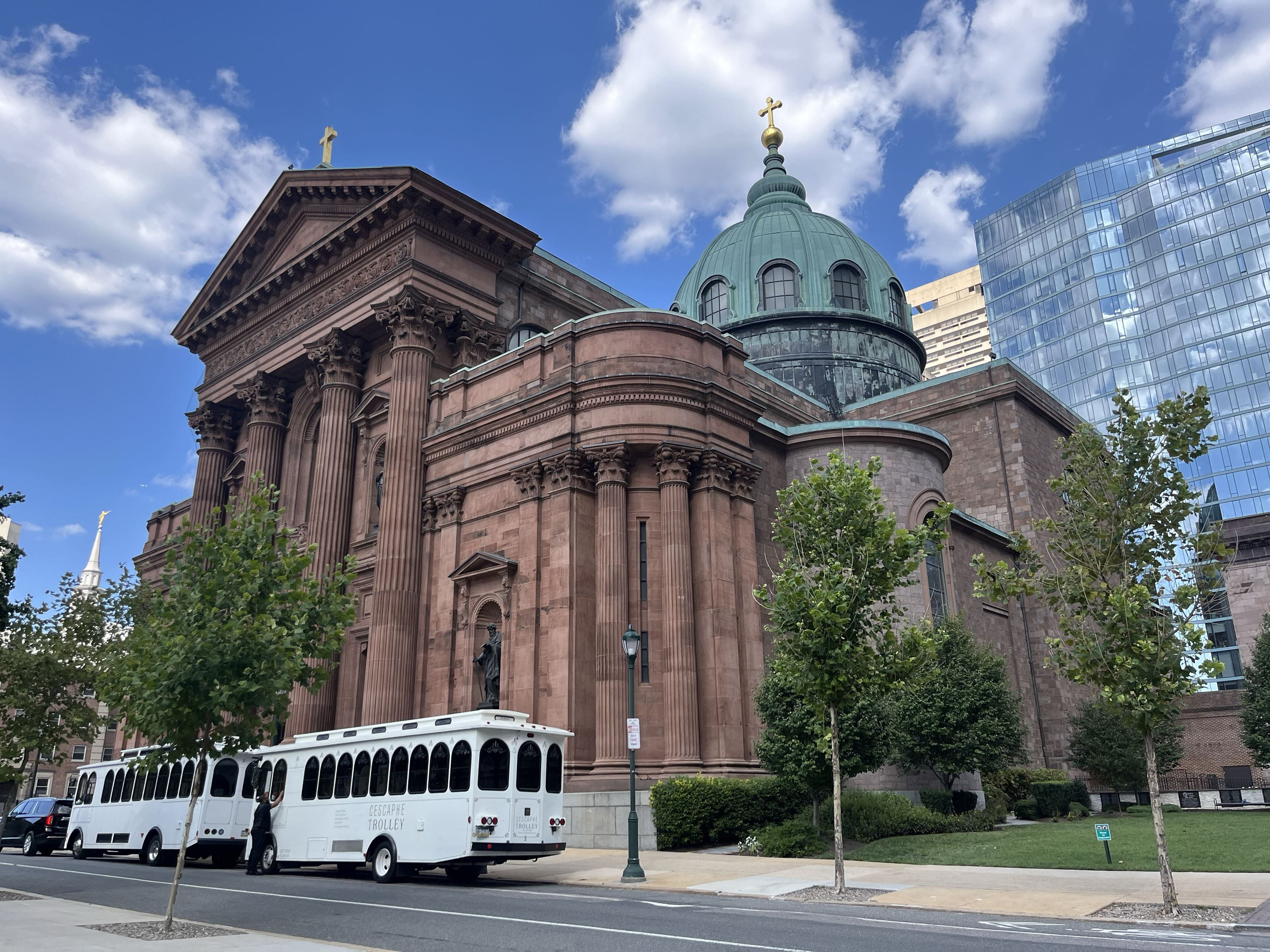 The exterior of the Cathedral Basilica of Saints Peter & Paul, including the copper on the roof supposedly donated by the founder’s older brother.