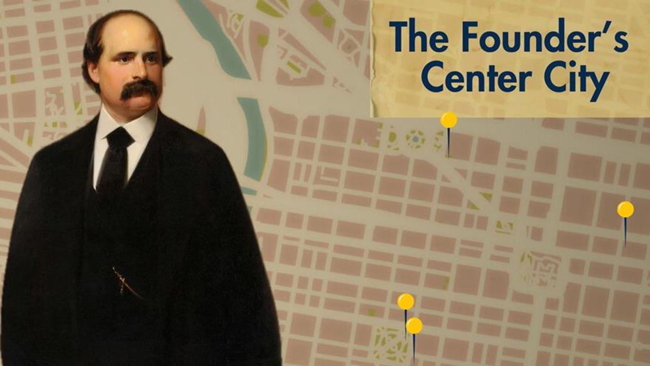 A cut-out painting of Anthony J. Drexel in front of a map labeled "The Founder's Center City."