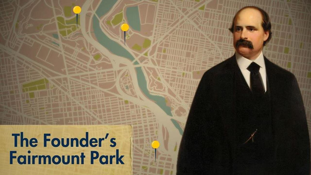 Anthony J. Drexel and "The Founder's Fairmount Park" in front of a map of Fairmount Park.
